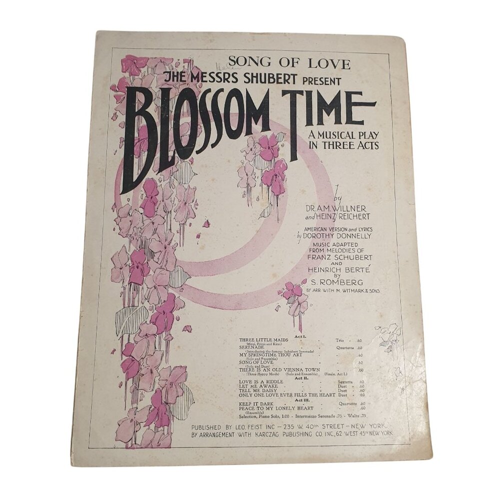 Blossom Time Song Of Love Sheet Music 1920s Musical Comedy Franz Schubert